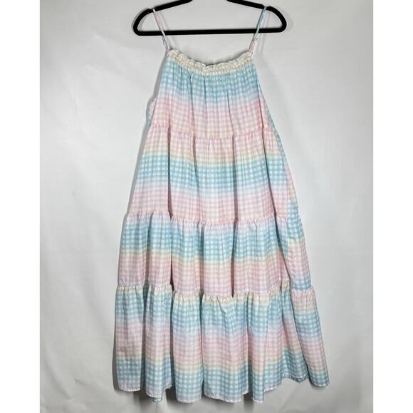 Storia Pastel Gingham Rainbow Midi Dress Size Medium Tired Ruffle - Picture 3 of 9